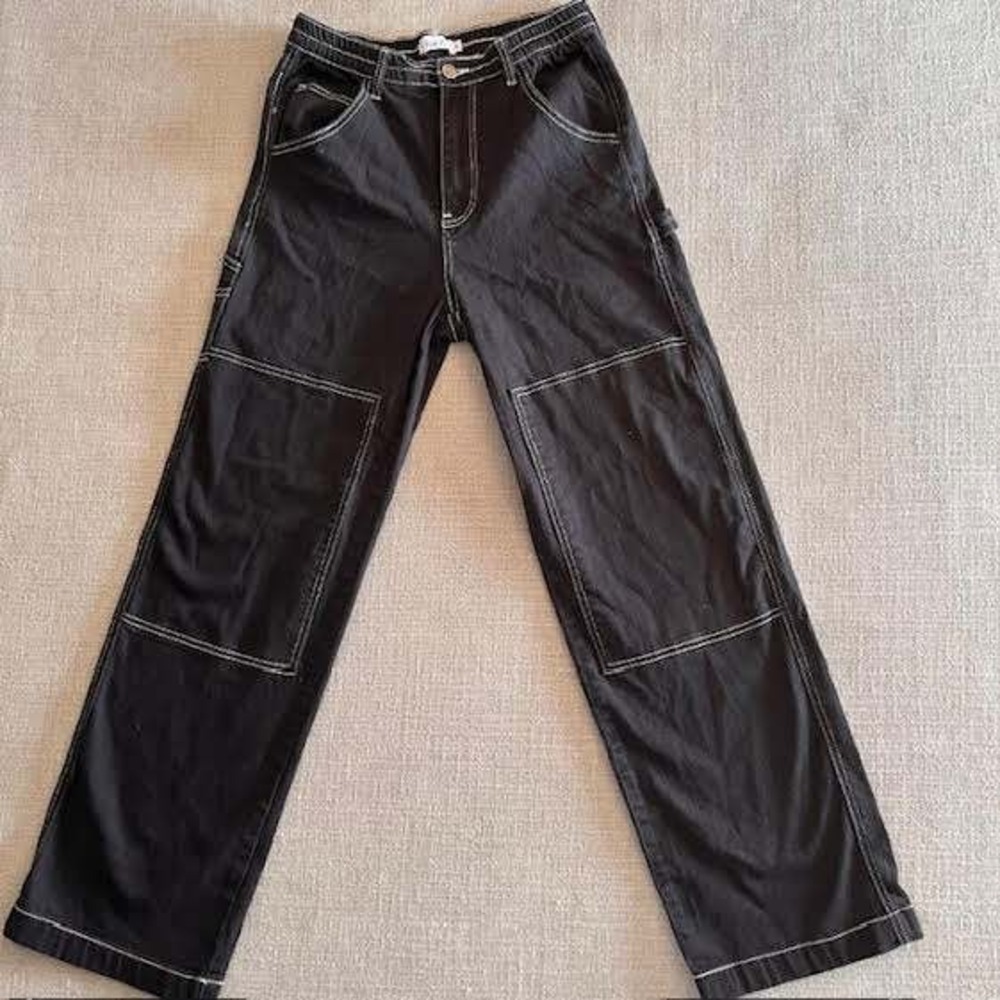 Black Contrast‎ Stitch Carpenter Pants Womens Wide Leg Jeans Trousers